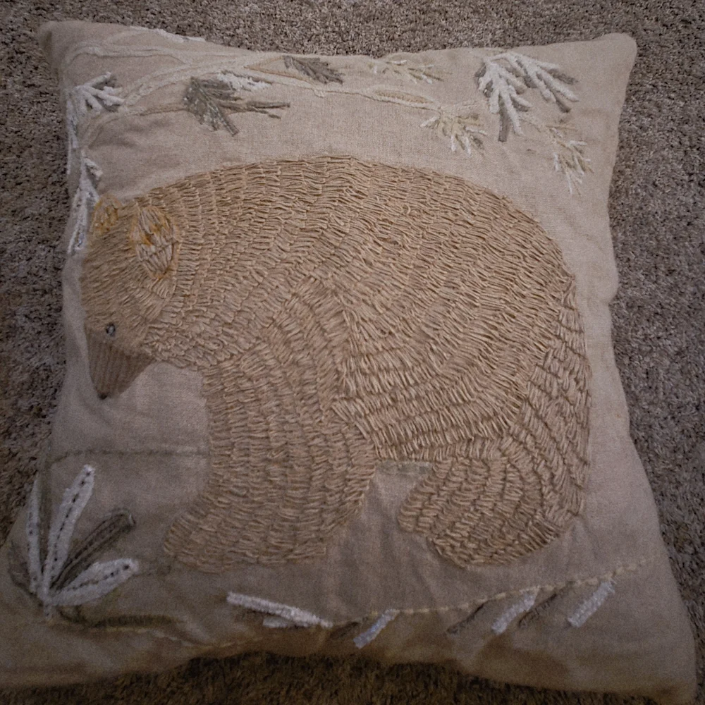 Pottery Barn Tan and Brown Bear Embroidered Pillow Cover - Picture 2 of 8